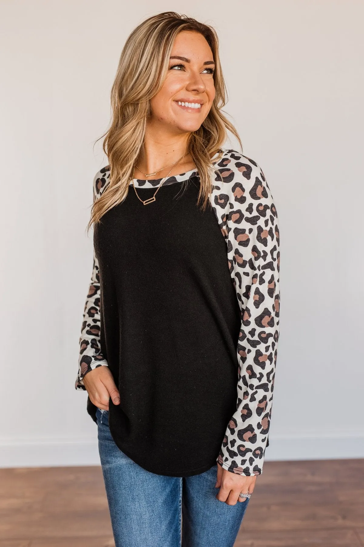 Have It All Leopard Raglan Top- Black