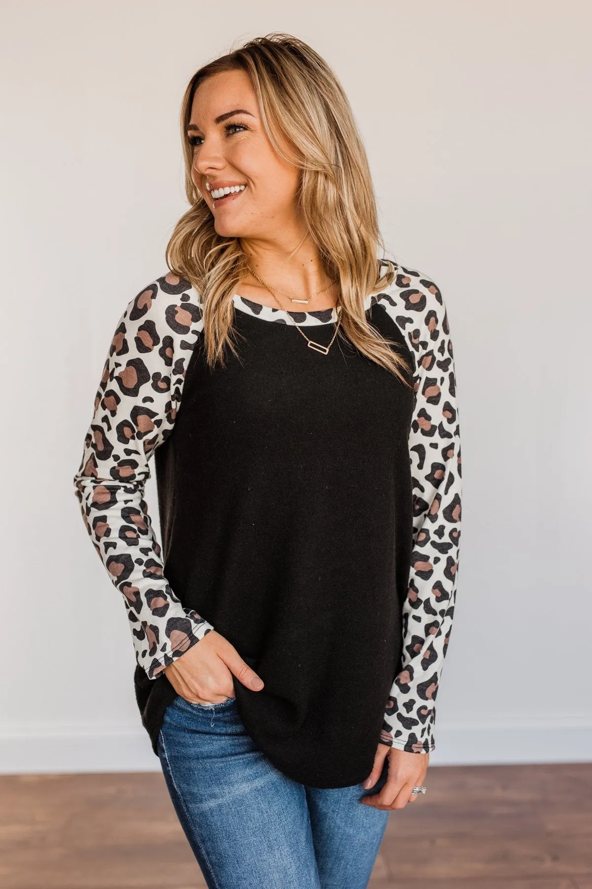 Have It All Leopard Raglan Top- Black