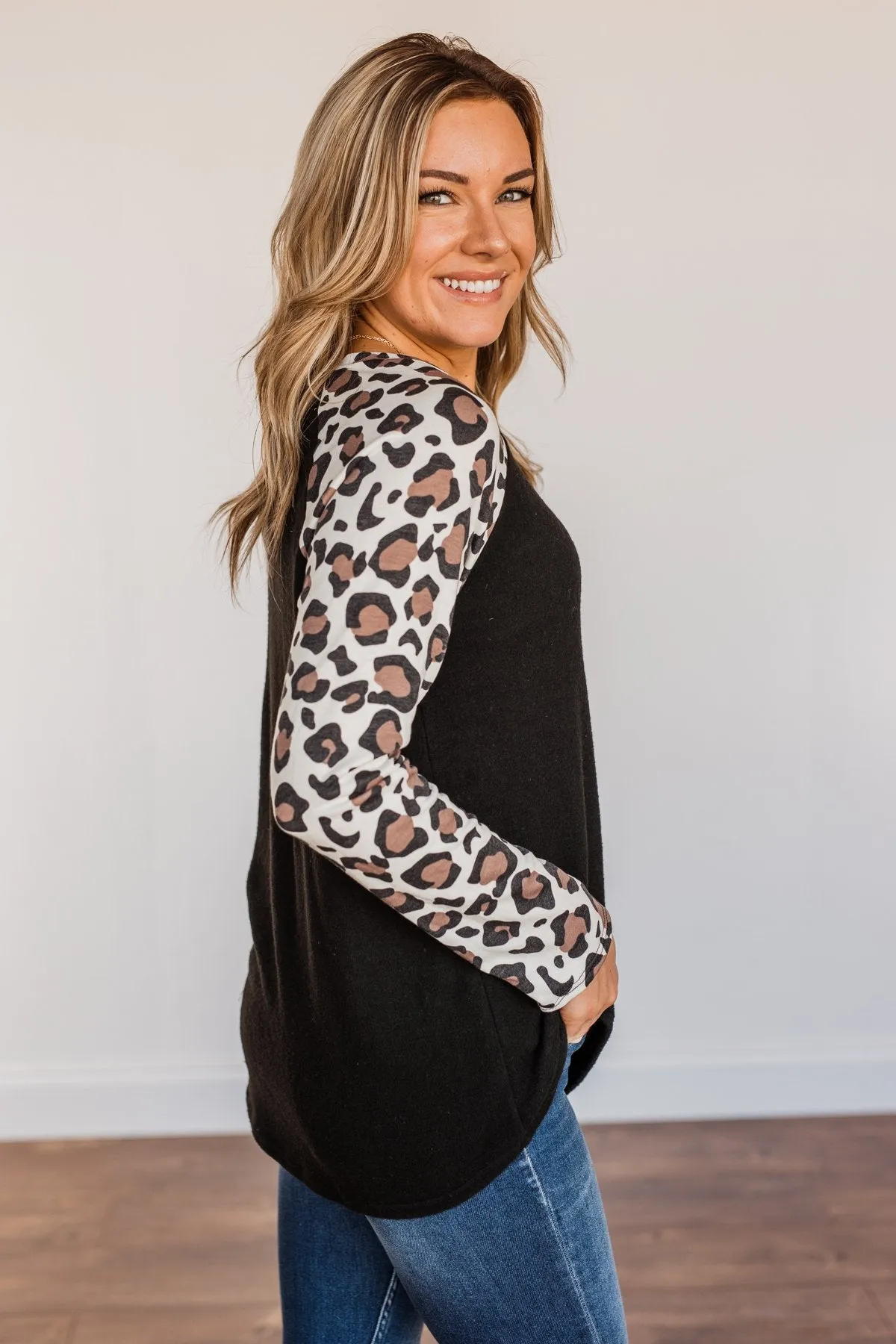 Have It All Leopard Raglan Top- Black