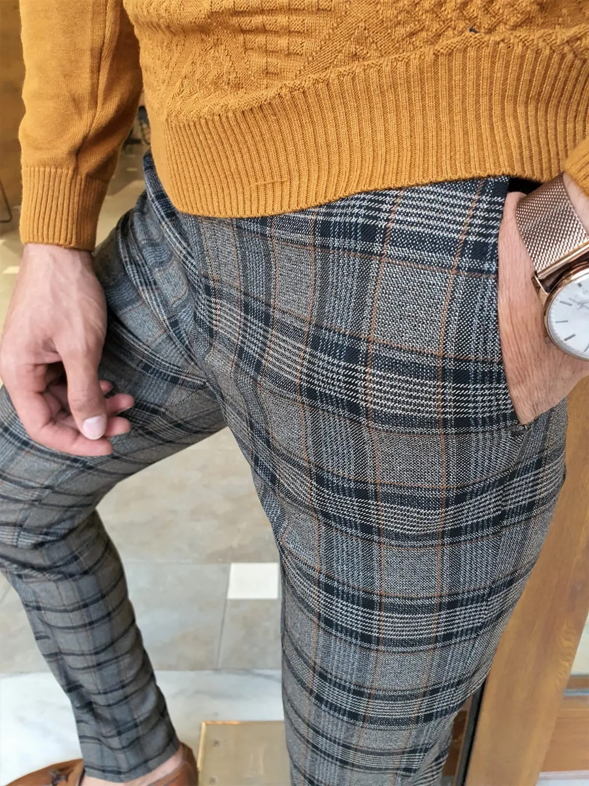 Henderson Camel Slim Fit Plaid Pants for the Modern Man