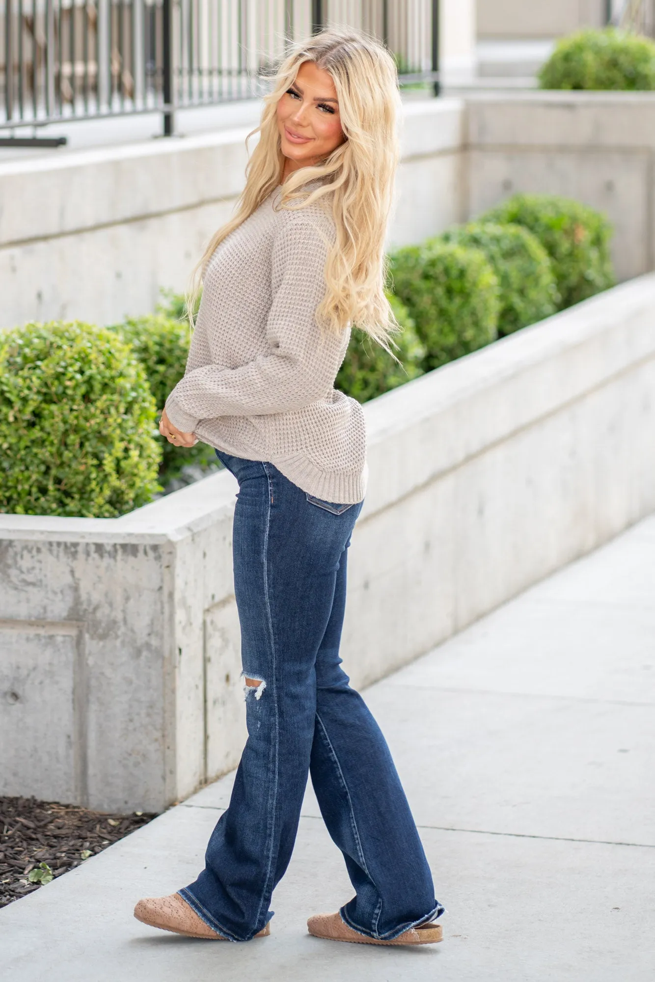 High Low Long Sleeve Waffle Sweater