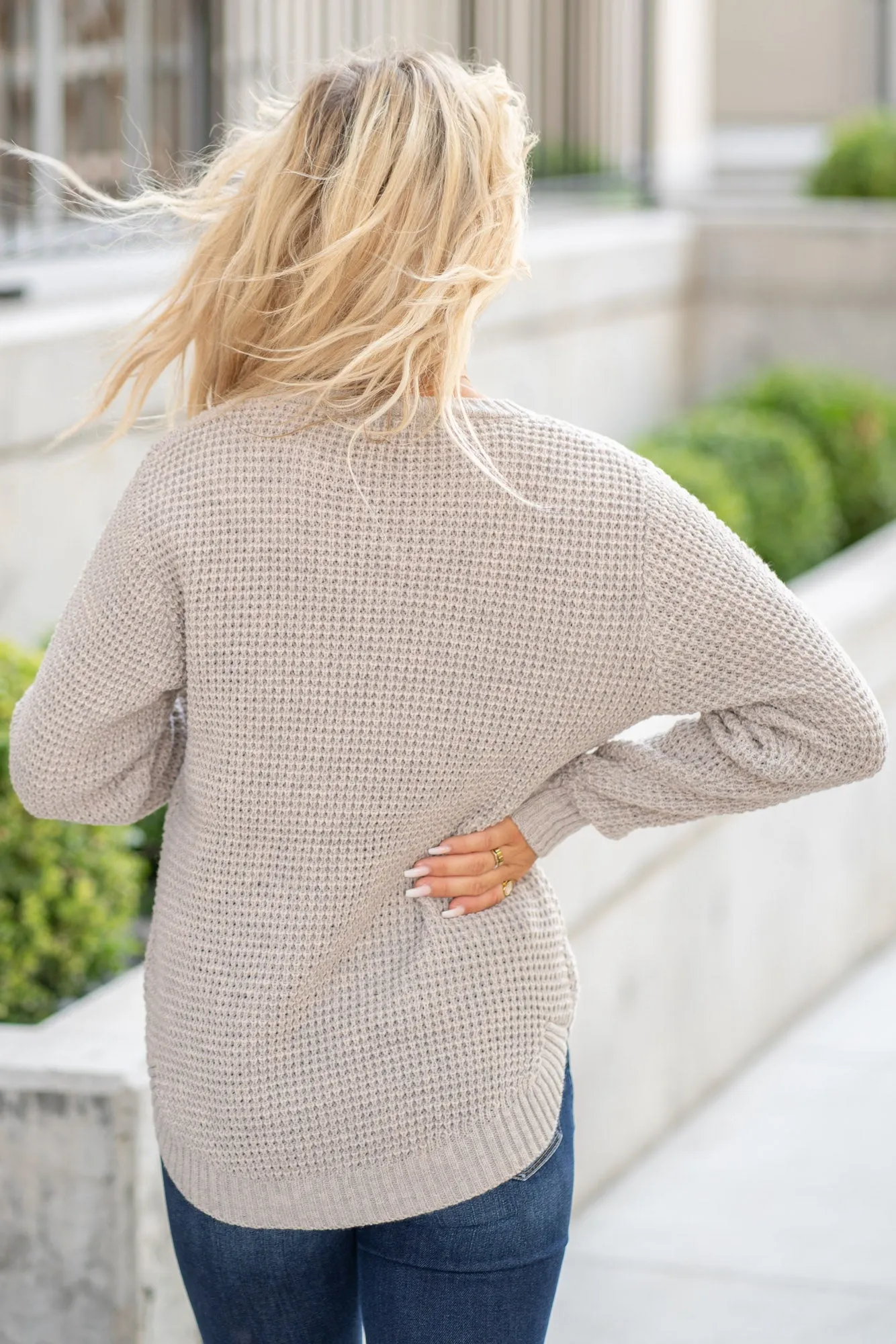 High Low Long Sleeve Waffle Sweater