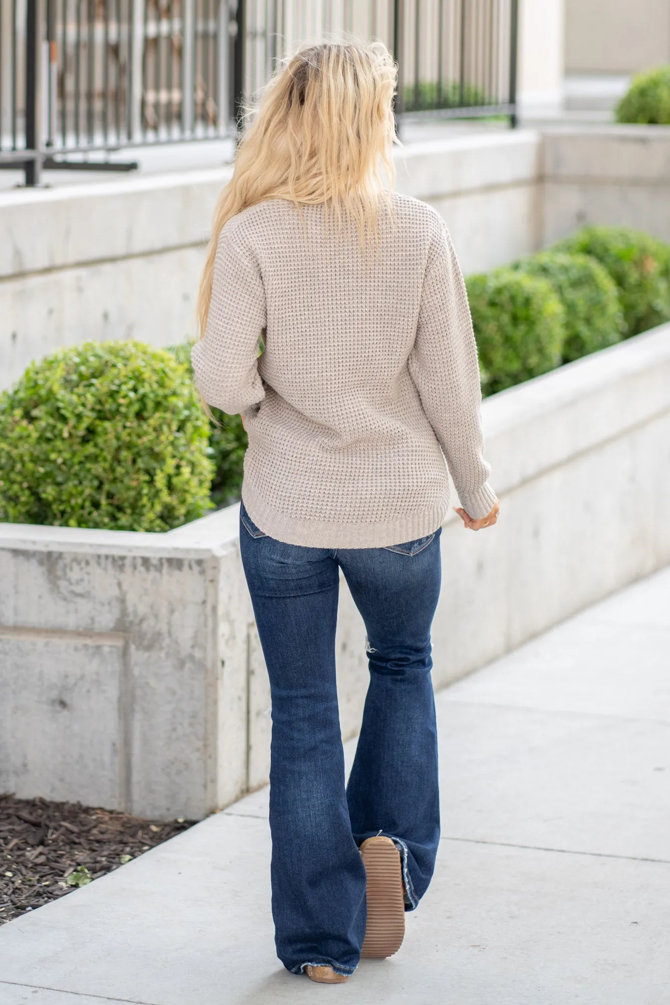 High Low Long Sleeve Waffle Sweater