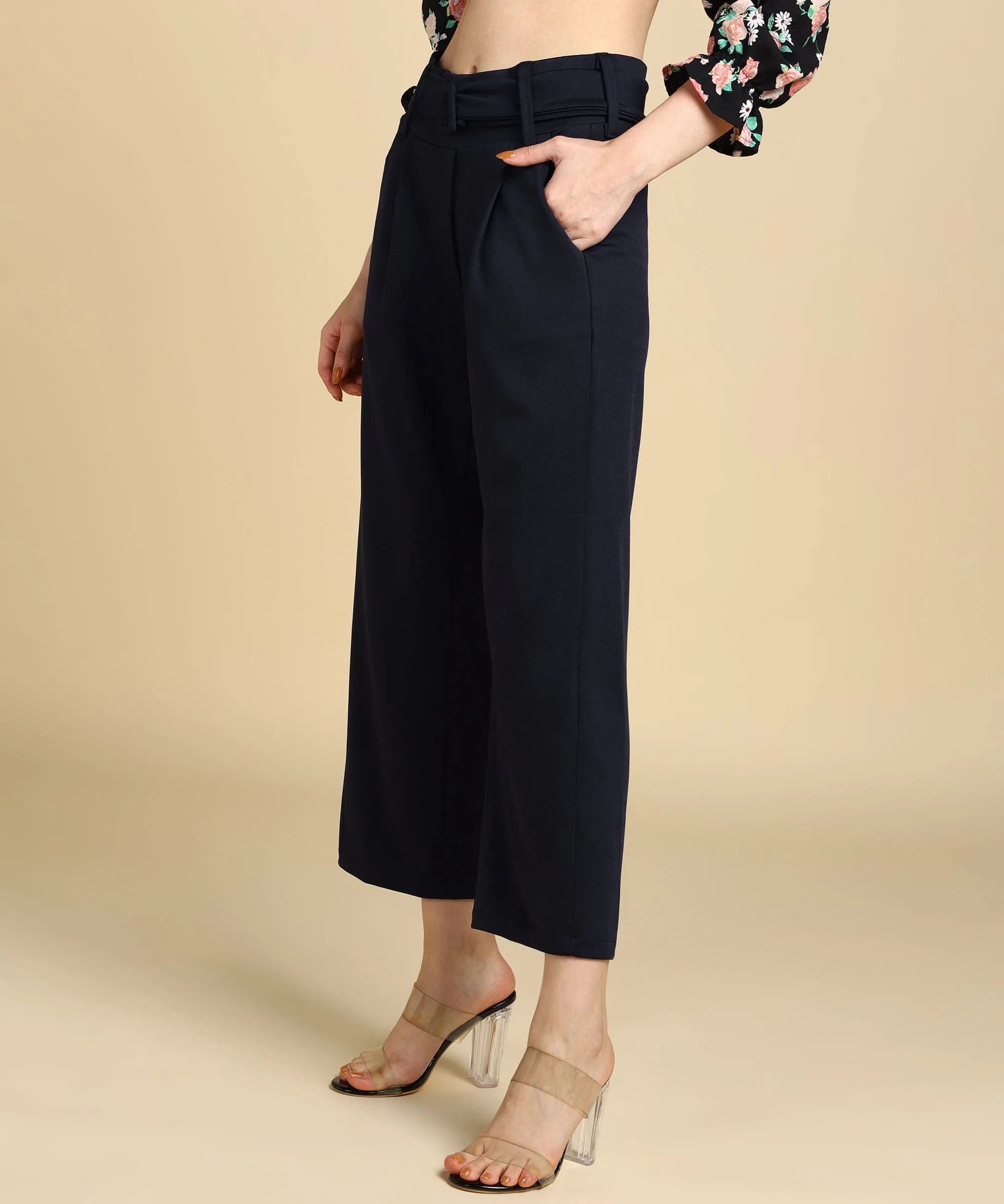 High Waist Formal Wide Leg Parallel Trouser with Belt