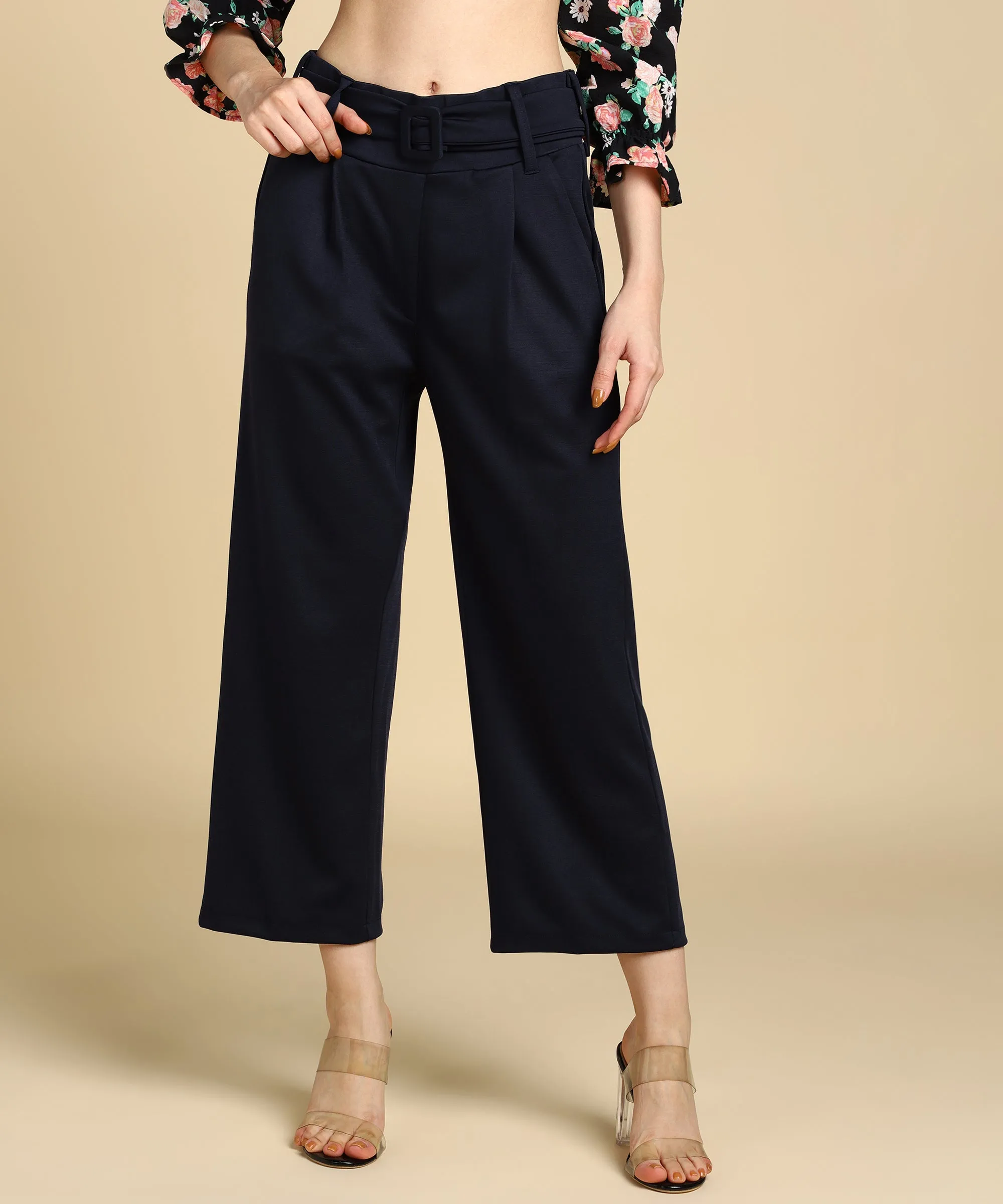 High Waist Formal Wide Leg Parallel Trouser with Belt