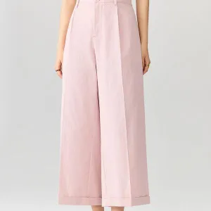 High Waist Wide-Leg Cuffed Trousers for Women