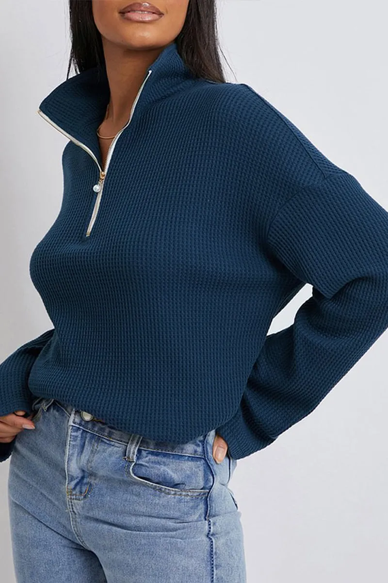 HTS1138 Waffle Knit Zip Pullover TOP