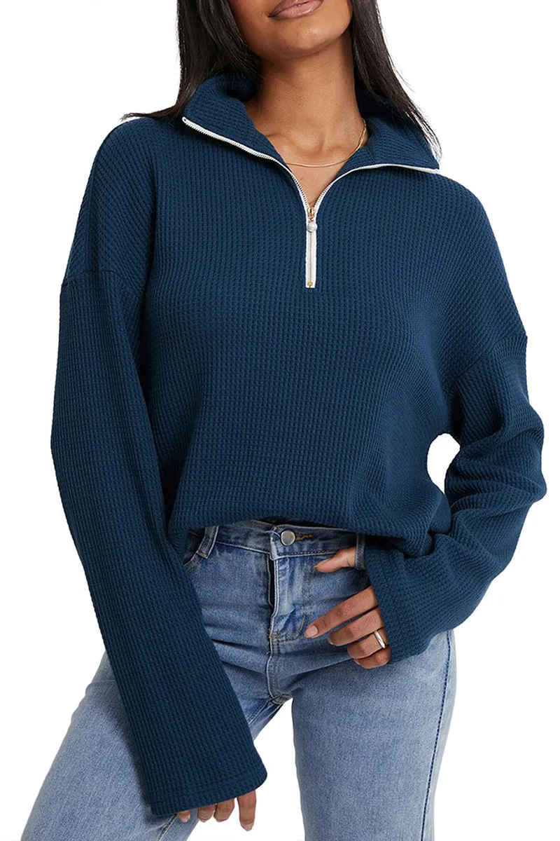 HTS1138 Waffle Knit Zip Pullover TOP