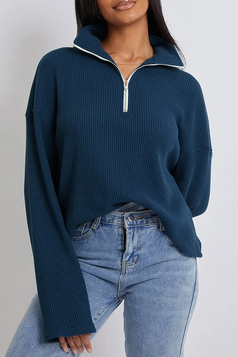 HTS1138 Waffle Knit Zip Pullover TOP