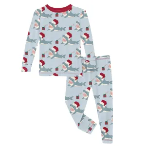 Illusion Blue Holiday Sharks Long Sleeve Pajama Set Kickee Pants  - Holiday