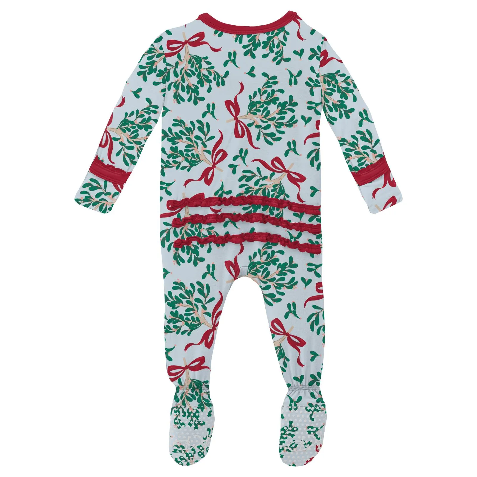 Illusion Blue Mistletoe & Ribbons Ruffle Footie with 2-way zipper - Holiday