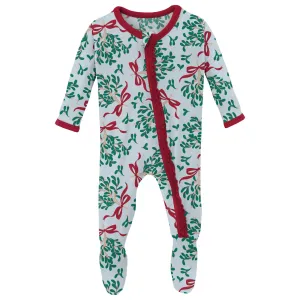 Illusion Blue Mistletoe & Ribbons Ruffle Footie with 2-way zipper - Holiday