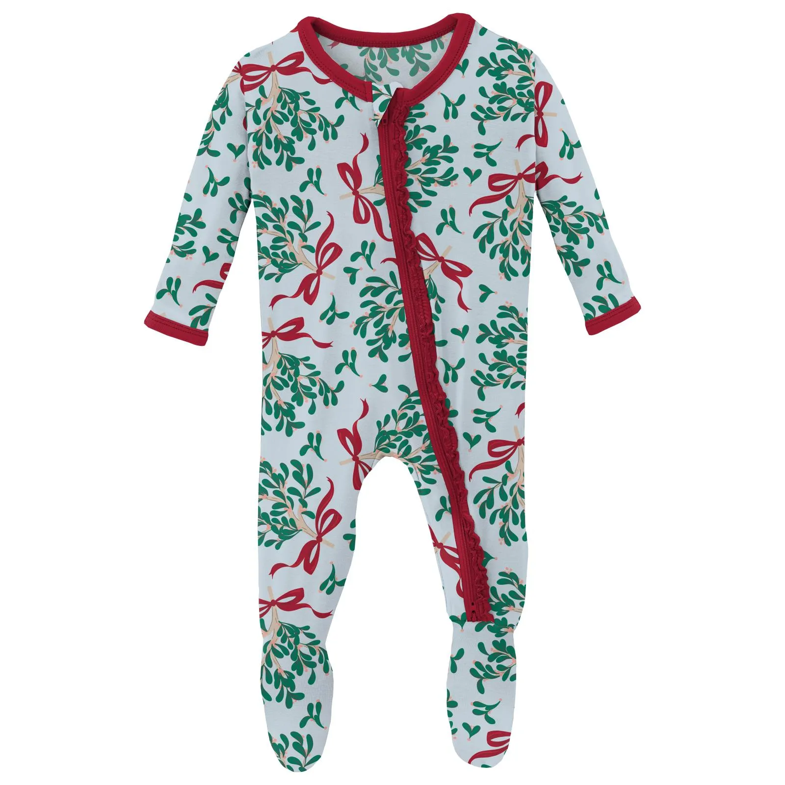 Illusion Blue Mistletoe & Ribbons Ruffle Footie with 2-way zipper - Holiday
