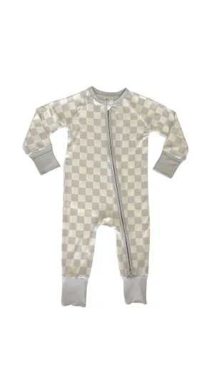 In My Jammers Muted Blue Checkered Zipper Romper