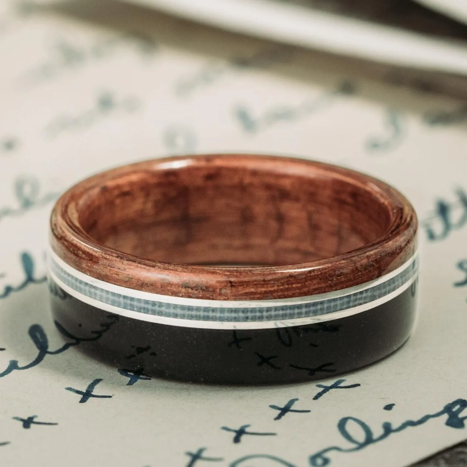 (In-Stock) The Coast Guard | Men's Teak Wood Wedding Band with Coast Guard Uniform & Silver Inlays - Size 10.75 | 8mm Wide