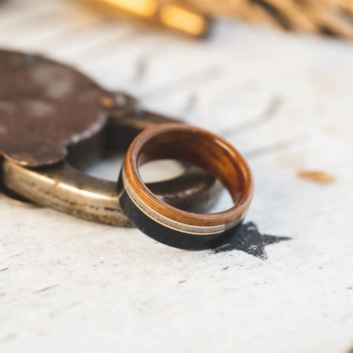 (In-Stock) The Coast Guard | Men's Teak Wood Wedding Band with Coast Guard Uniform & Silver Inlays - Size 10.75 | 8mm Wide