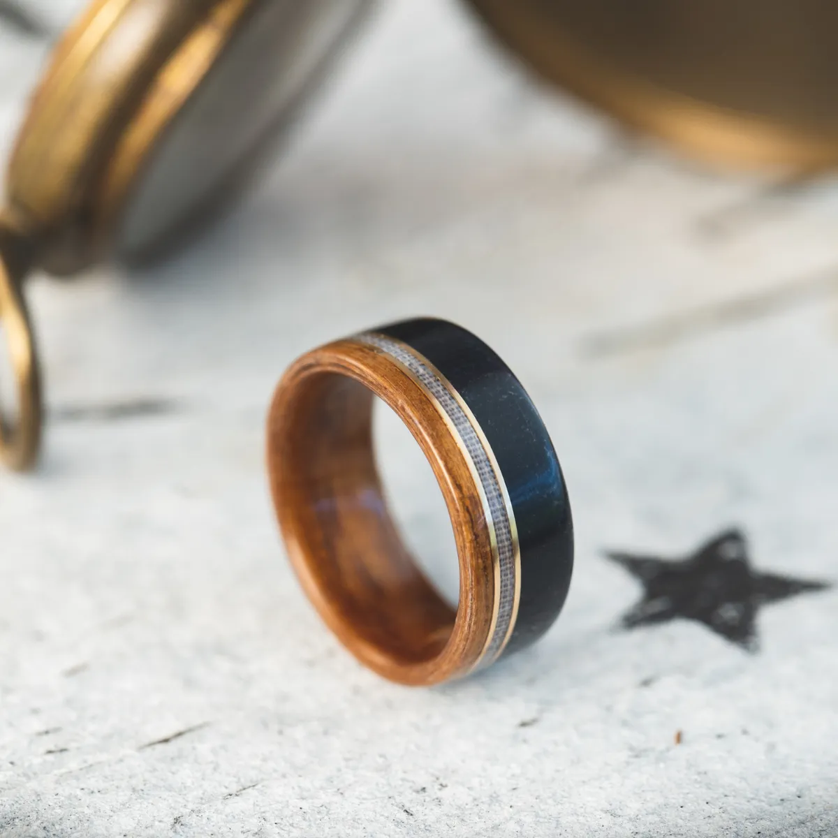 (In-Stock) The Coast Guard | Men's Teak Wood Wedding Band with Coast Guard Uniform & Silver Inlays - Size 10.75 | 8mm Wide