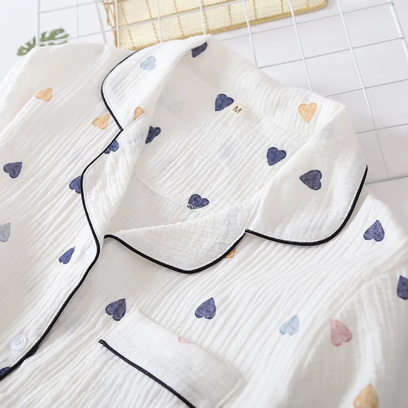 Japanese summer new ladies cotton gauze short sleeve shorts pajamas suit cute heart-shaped thin section home service suit woman