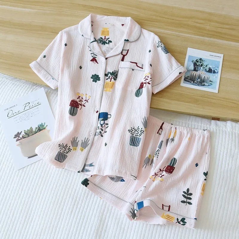 Japanese summer new ladies cotton gauze short sleeve shorts pajamas suit cute heart-shaped thin section home service suit woman