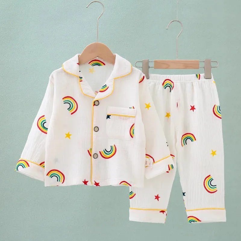 Kids Summer Thin Pajamas Sets New 2023 Boys Girls Cotton Linen Cartoon Long Sleeve Lapel Shirt Tops with Pants Baby Home Wear