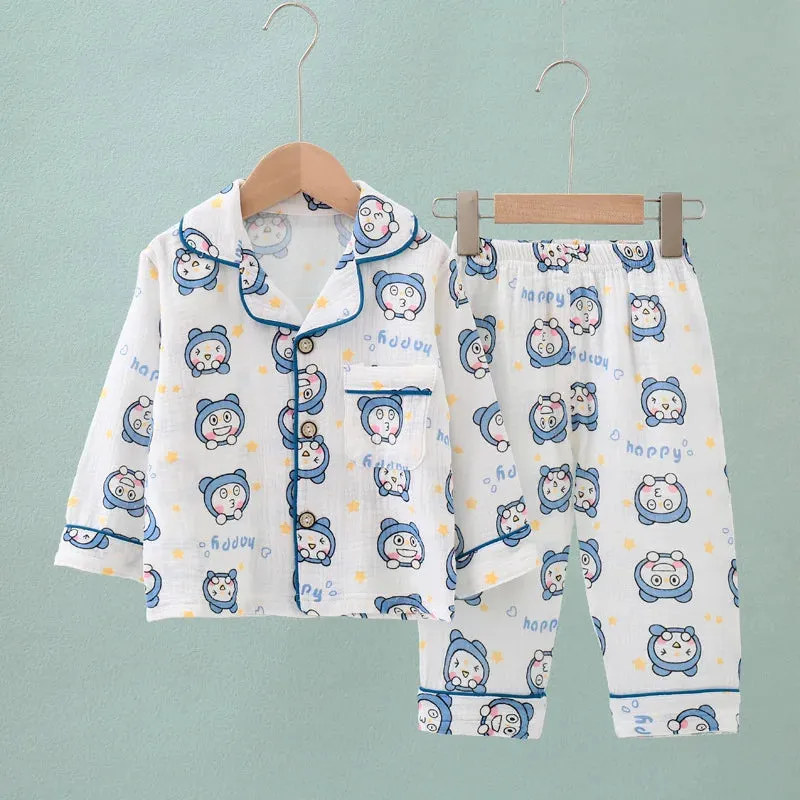 Kids Summer Thin Pajamas Sets New 2023 Boys Girls Cotton Linen Cartoon Long Sleeve Lapel Shirt Tops with Pants Baby Home Wear