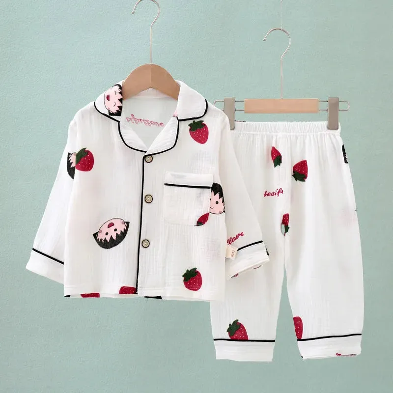 Kids Summer Thin Pajamas Sets New 2023 Boys Girls Cotton Linen Cartoon Long Sleeve Lapel Shirt Tops with Pants Baby Home Wear