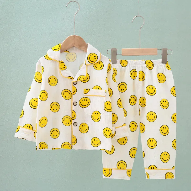 Kids Summer Thin Pajamas Sets New 2023 Boys Girls Cotton Linen Cartoon Long Sleeve Lapel Shirt Tops with Pants Baby Home Wear