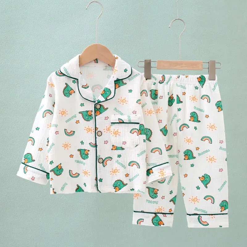 Kids Summer Thin Pajamas Sets New 2023 Boys Girls Cotton Linen Cartoon Long Sleeve Lapel Shirt Tops with Pants Baby Home Wear