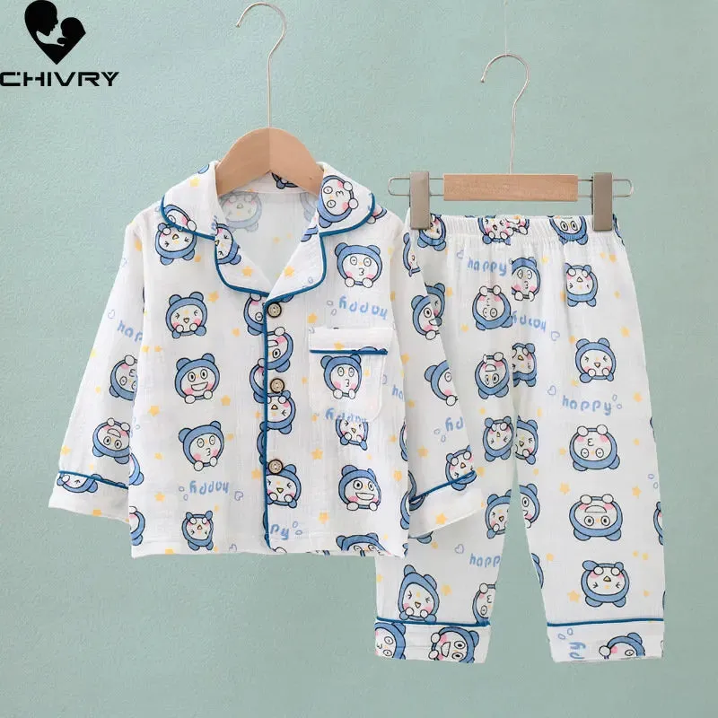 Kids Summer Thin Pajamas Sets New 2023 Boys Girls Cotton Linen Cartoon Long Sleeve Lapel Shirt Tops with Pants Baby Home Wear