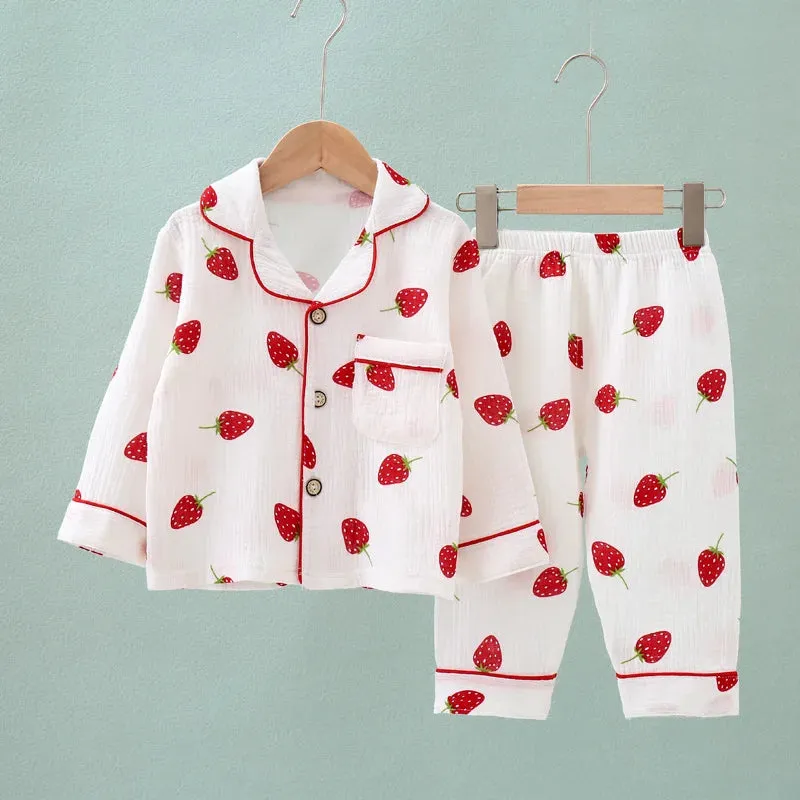 Kids Summer Thin Pajamas Sets New 2023 Boys Girls Cotton Linen Cartoon Long Sleeve Lapel Shirt Tops with Pants Baby Home Wear