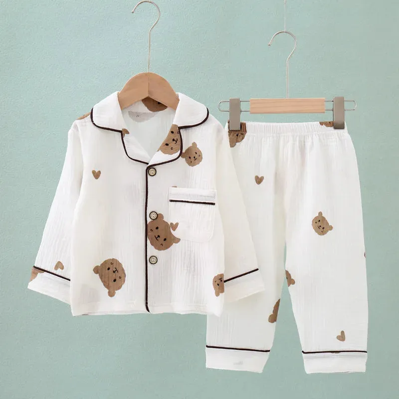 Kids Summer Thin Pajamas Sets New 2023 Boys Girls Cotton Linen Cartoon Long Sleeve Lapel Shirt Tops with Pants Baby Home Wear