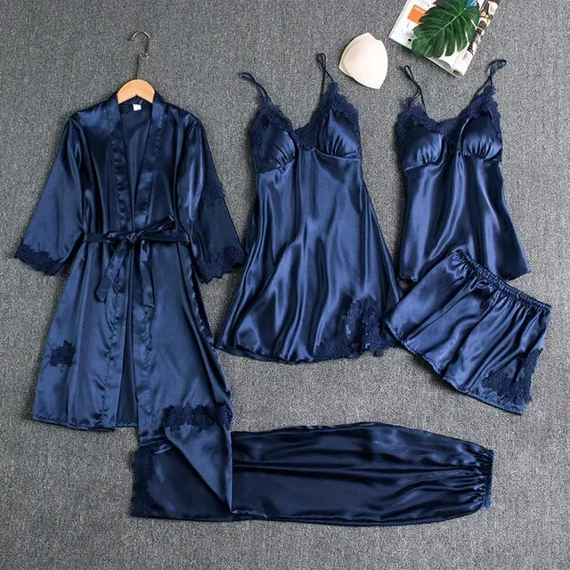 Lace Casual Gown Kimono Nightwear Pants!  Trim With Summer Robe Wear Pajama Pyjamas Pour Women Femme Set Sleepwear Satin Home