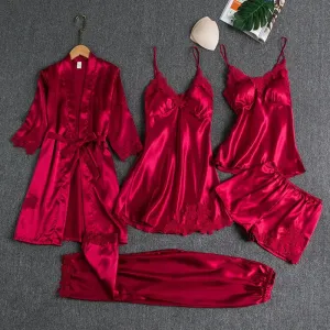 Lace Casual Gown Kimono Nightwear Pants!  Trim With Summer Robe Wear Pajama Pyjamas Pour Women Femme Set Sleepwear Satin Home