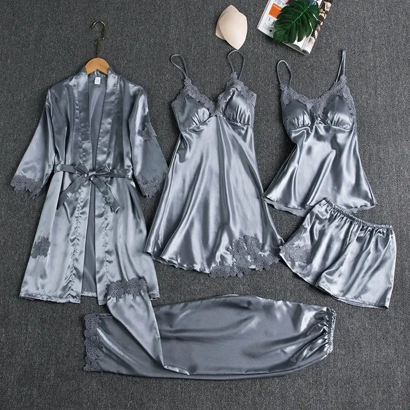 Lace Casual Gown Kimono Nightwear Pants!  Trim With Summer Robe Wear Pajama Pyjamas Pour Women Femme Set Sleepwear Satin Home