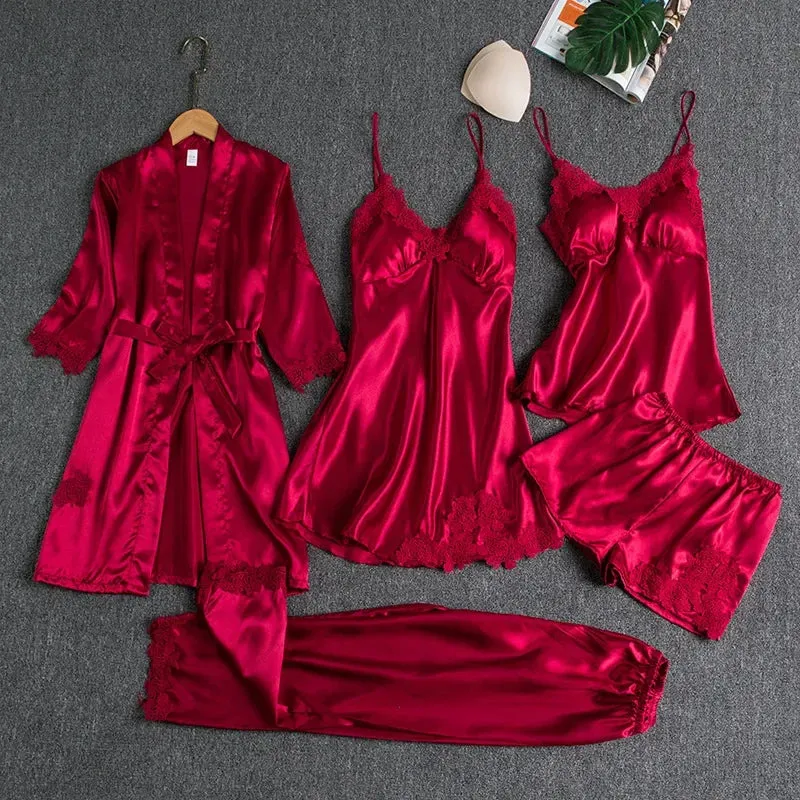 Lace Casual Gown Kimono Nightwear Pants!  Trim With Summer Robe Wear Pajama Pyjamas Pour Women Femme Set Sleepwear Satin Home