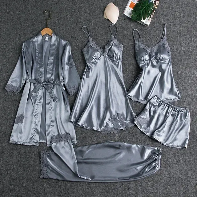 Lace Casual Gown Kimono Nightwear Pants!  Trim With Summer Robe Wear Pajama Pyjamas Pour Women Femme Set Sleepwear Satin Home