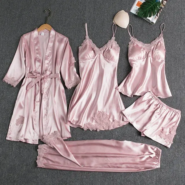 Lace Casual Gown Kimono Nightwear Pants!  Trim With Summer Robe Wear Pajama Pyjamas Pour Women Femme Set Sleepwear Satin Home