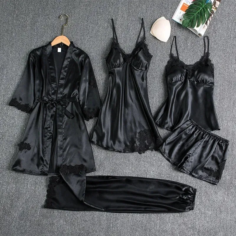 Lace Casual Gown Kimono Nightwear Pants!  Trim With Summer Robe Wear Pajama Pyjamas Pour Women Femme Set Sleepwear Satin Home