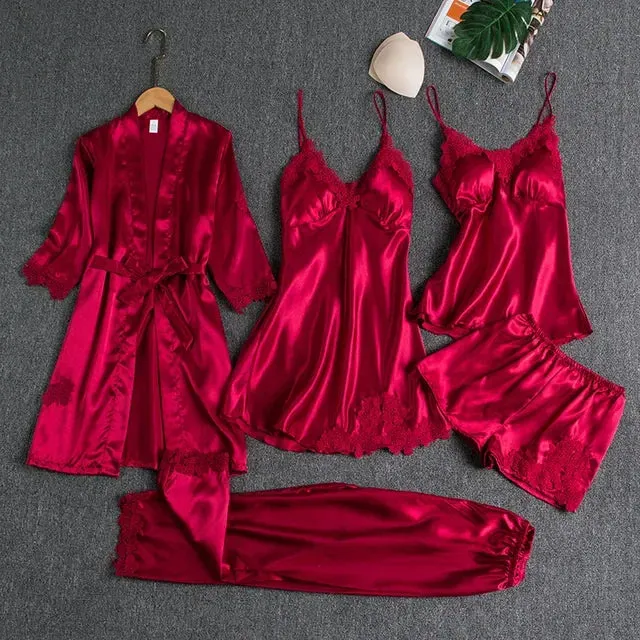 Lace Casual Gown Kimono Nightwear Pants!  Trim With Summer Robe Wear Pajama Pyjamas Pour Women Femme Set Sleepwear Satin Home