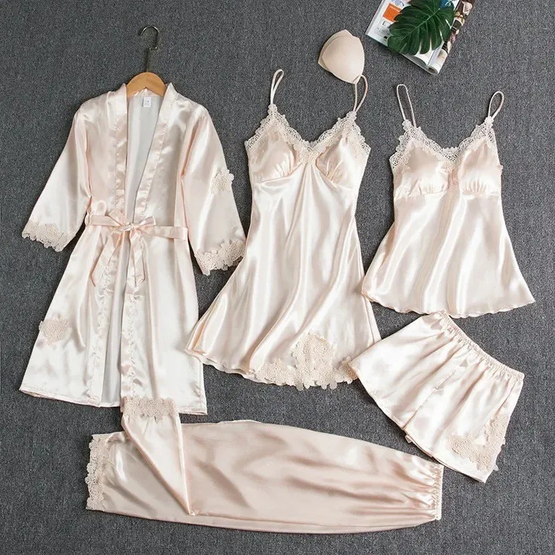 Lace Casual Gown Kimono Nightwear Pants!  Trim With Summer Robe Wear Pajama Pyjamas Pour Women Femme Set Sleepwear Satin Home