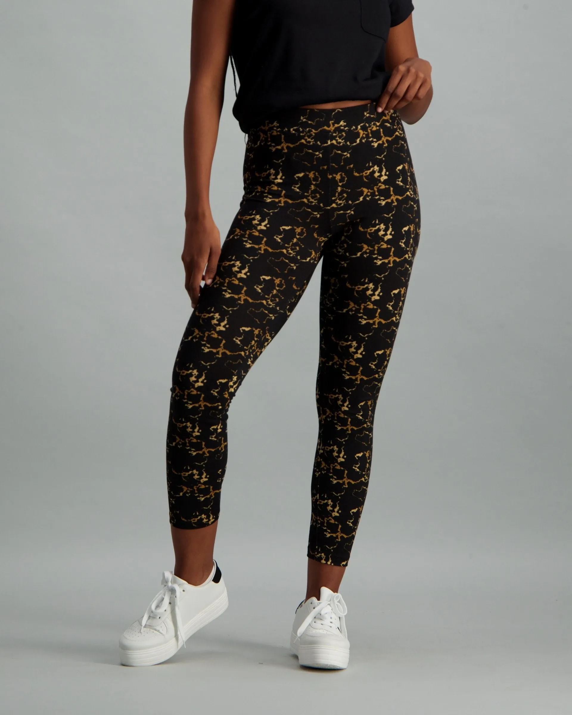 Ladies Abstract Printed Leggings - Black & Gold