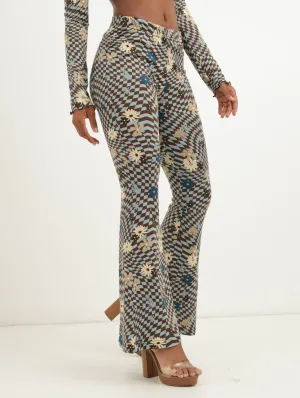 Ladies Check Floral Printed Flare Legging - Light Blue