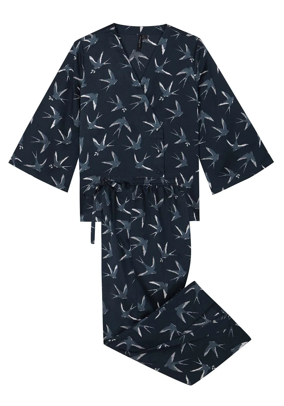 Long satin pajamas with bird print - Green