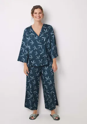 Long satin pajamas with bird print - Green