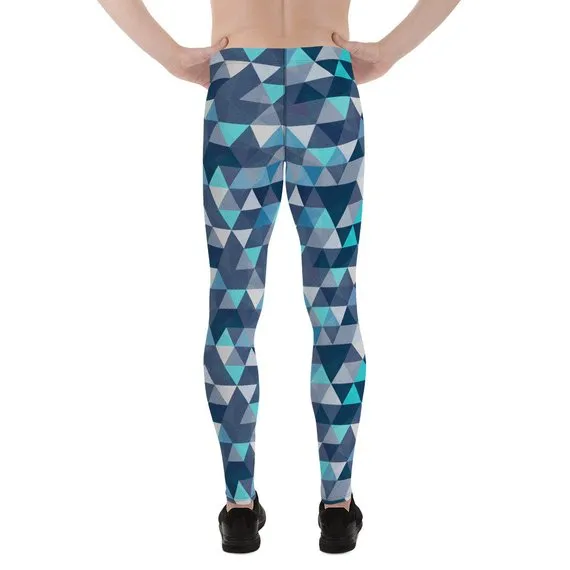 Mens Leggings - Blue Geometric Triangles Leggings