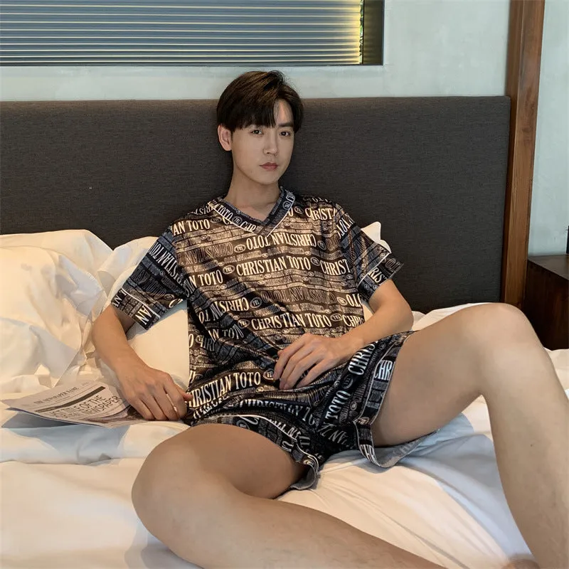 Men's Pajamas L-7XL Plus-sized Plus Size Summer V-neck Ice Silk Thin Fat Brother Loose Home Wear