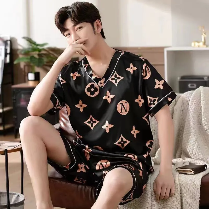 Men's Pajamas L-7XL Plus-sized Plus Size Summer V-neck Ice Silk Thin Fat Brother Loose Home Wear
