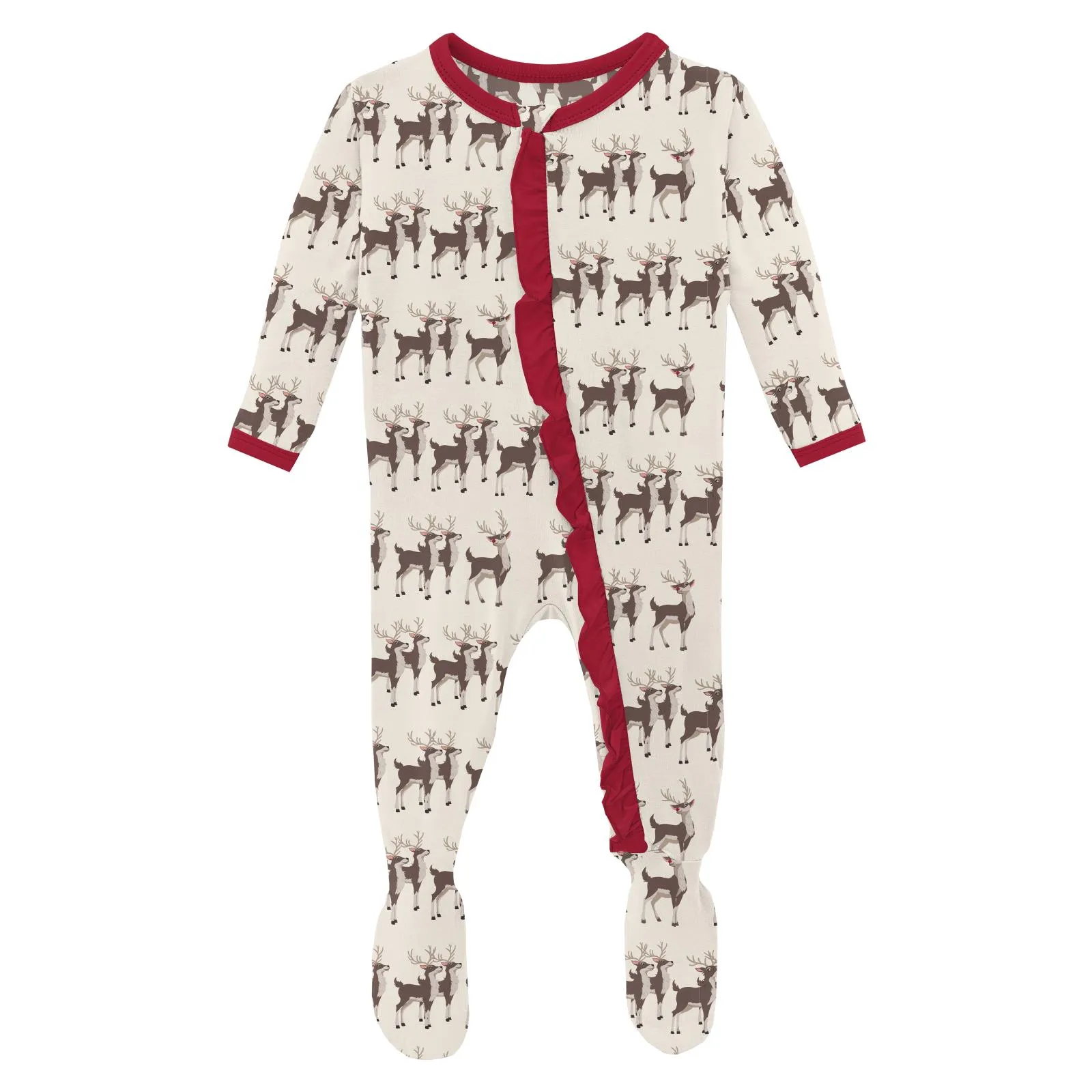 Natural Rudolph Ruffle Footie with 2-way zipper - Holiday