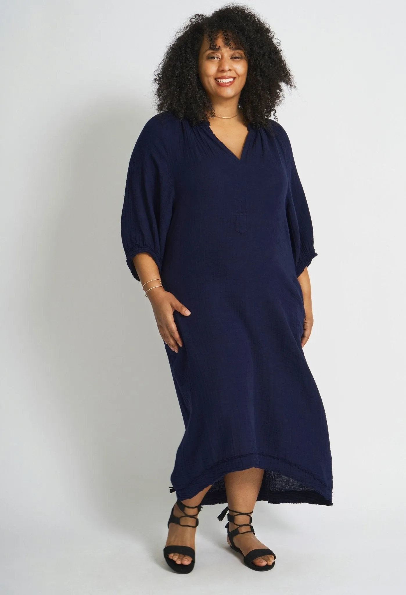 Navy Gauze Dress with Pockets