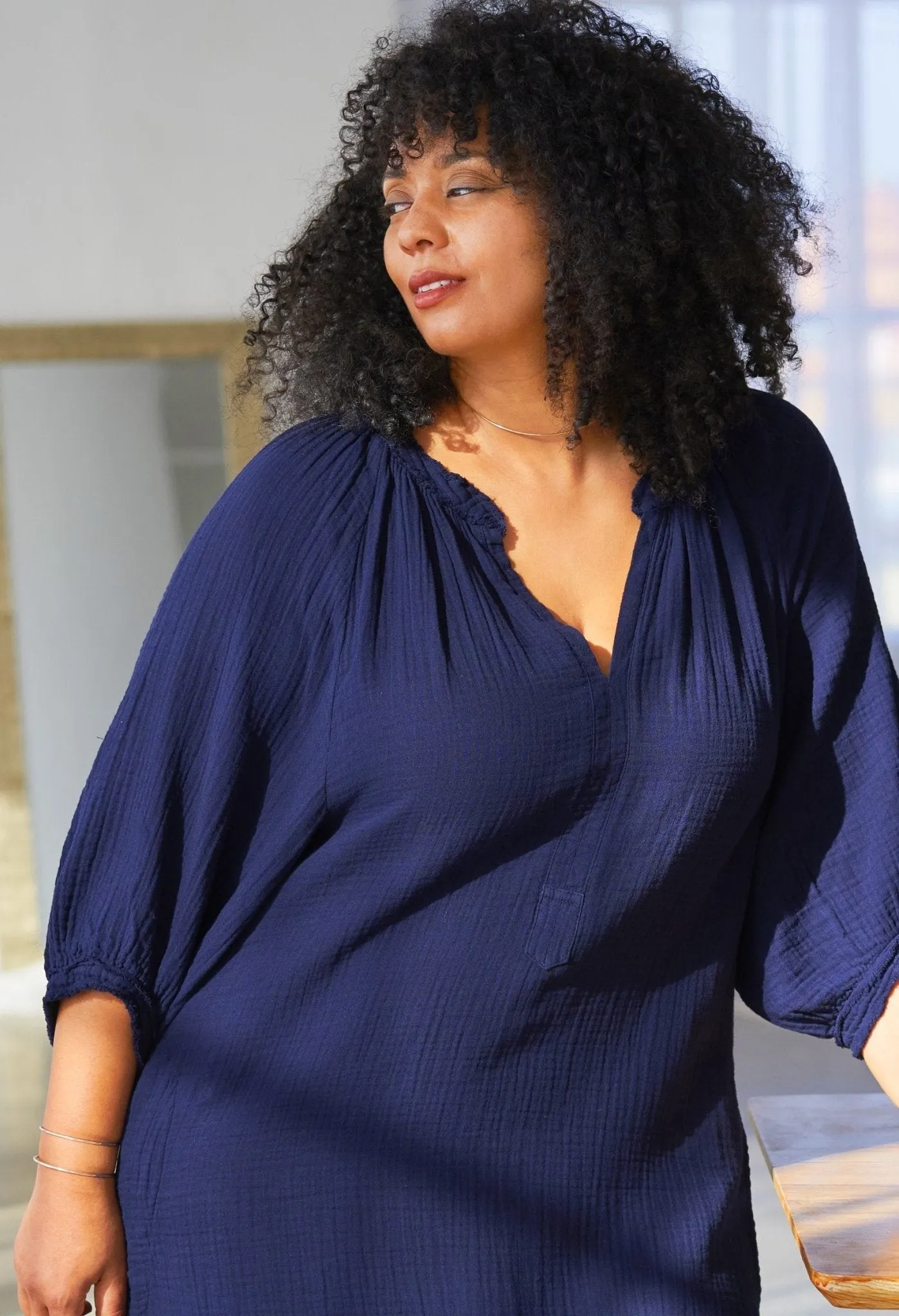 Navy Gauze Dress with Pockets